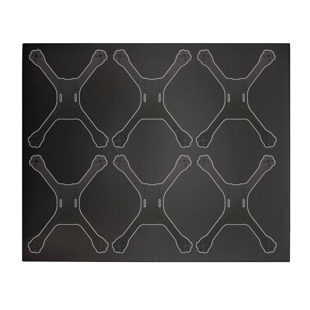 On average a 400x500mm sheet can yield 6 airframes for a standard 5" quadcopter.