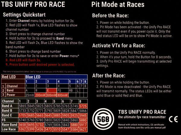 Included vTx Info Card (500/800mW modes not available, this is a misprint)